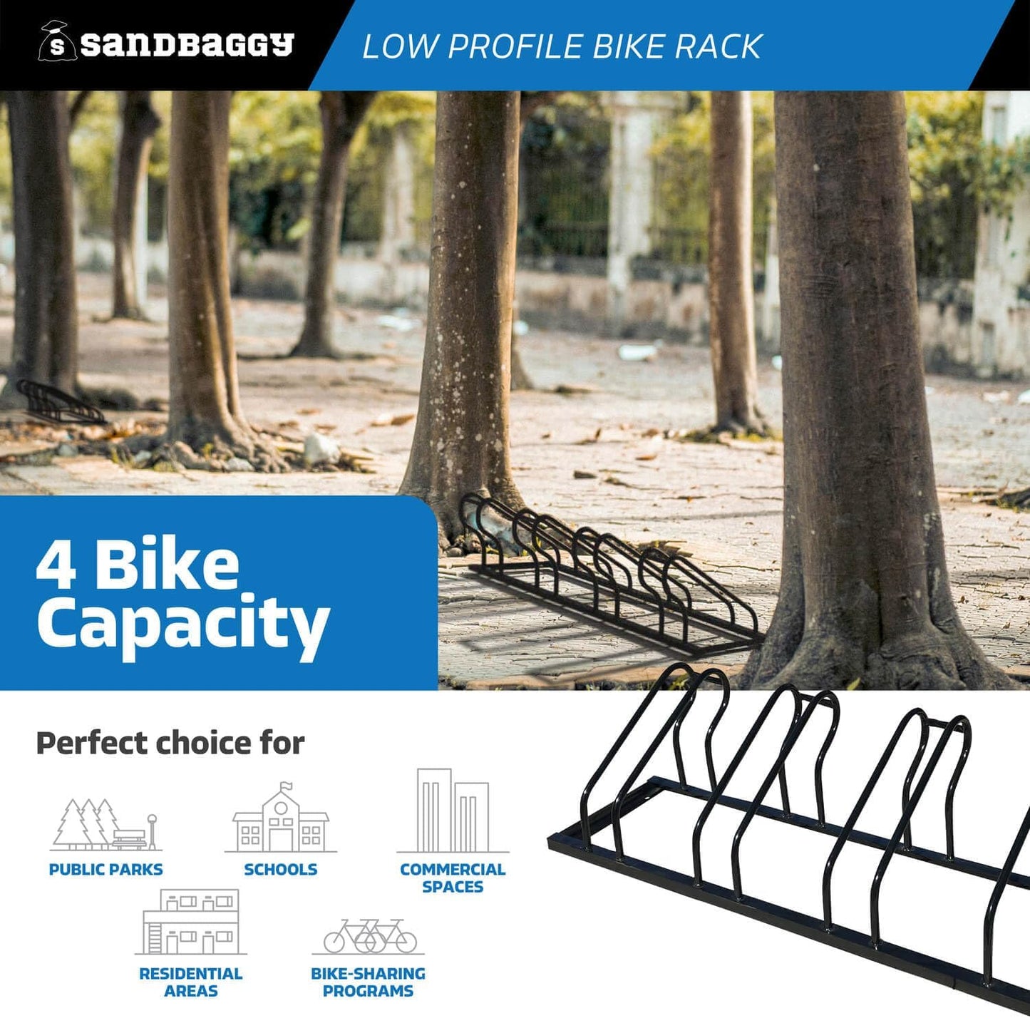 Sandbaggy Commercial Low Profile Bike Rack - Outdoor, Surface Mount, Steel - 4 Bike (4 Capacity (Low-Profile), 5)