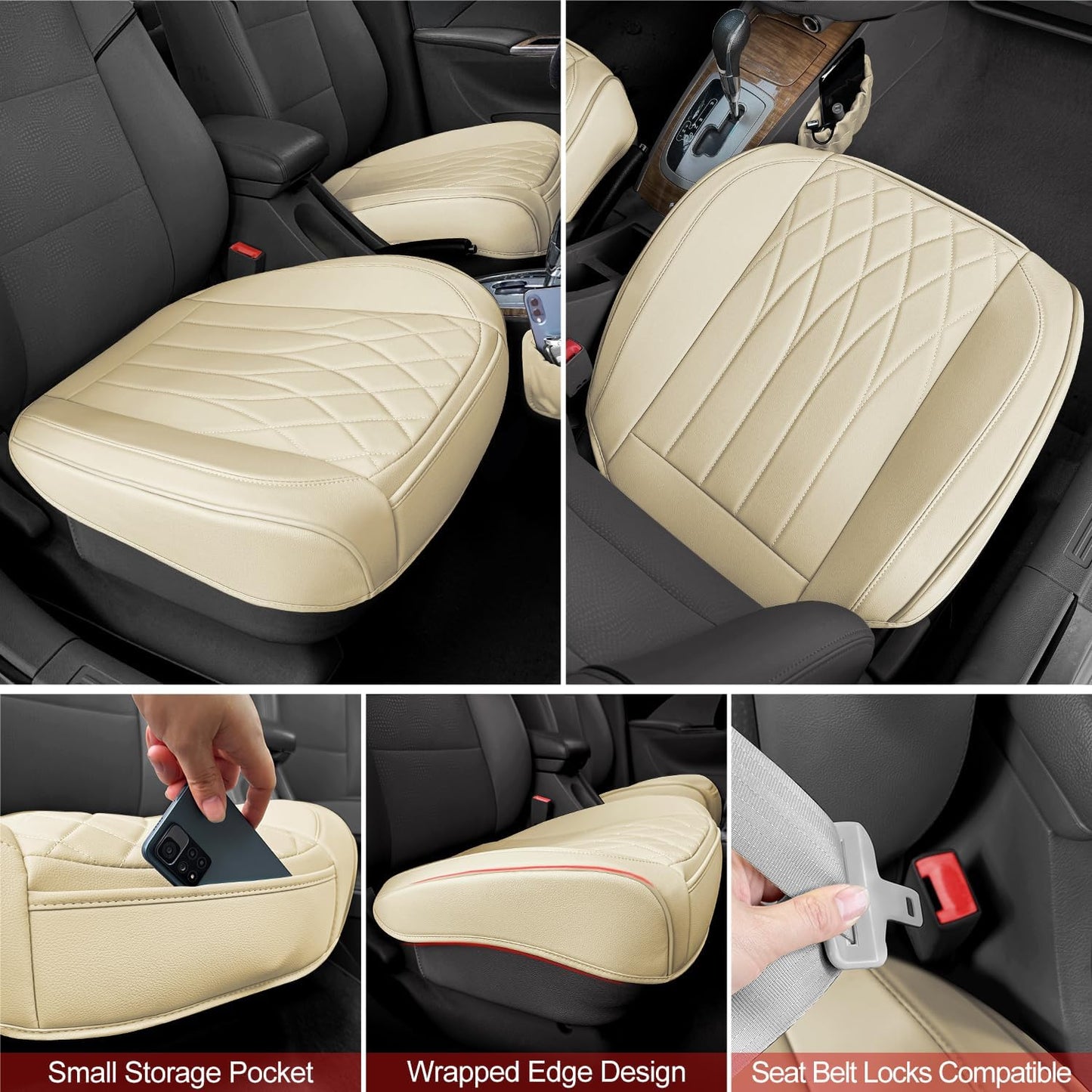 2 Pack Leather Front Car Seat Cover Bottom Car Seat, Universal Anti-Slip Driver Car Seat Protectors with Storage Pocket, Waterproof Bottom Auto Seat Cushion Pad Mat for Most Vehicles(Beige)