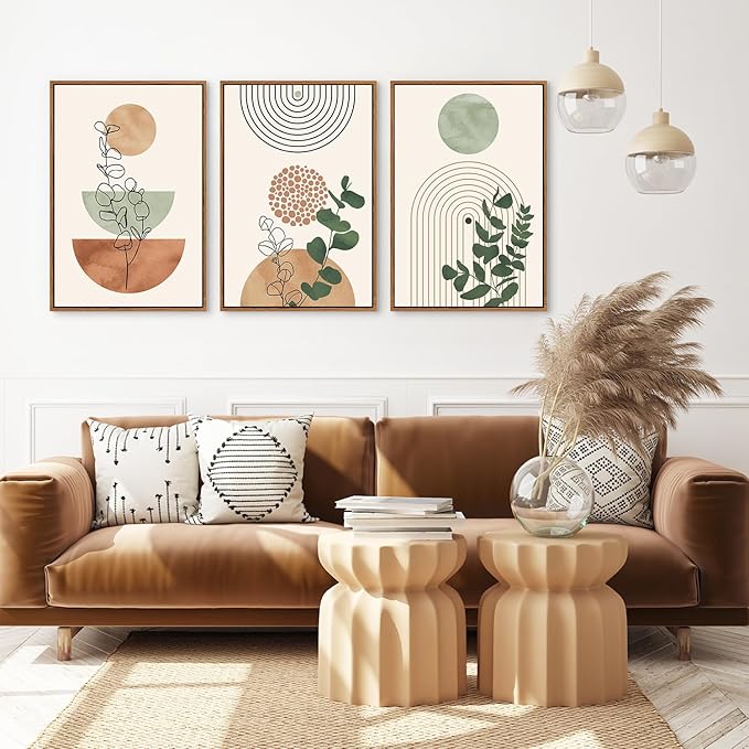Ausril Boho Terracotta Green Framed Canvas Wall Art Set, Abstract Plant Wall Decor, Mid Century Modern Geometric Wall Painting, Neutral Abstract Art Print to Living Room, Bedroom, Office 36"x24"x3