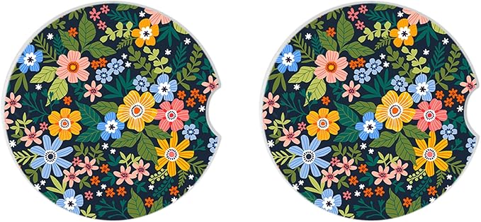 Yellow Flowers Car Coasters for Drinks Absorbent,2 Pack Cup Holders,2.56" Ceramic Stone & Non-Scratch Cork Base Coasters,Auto Accessories for Women & Men.