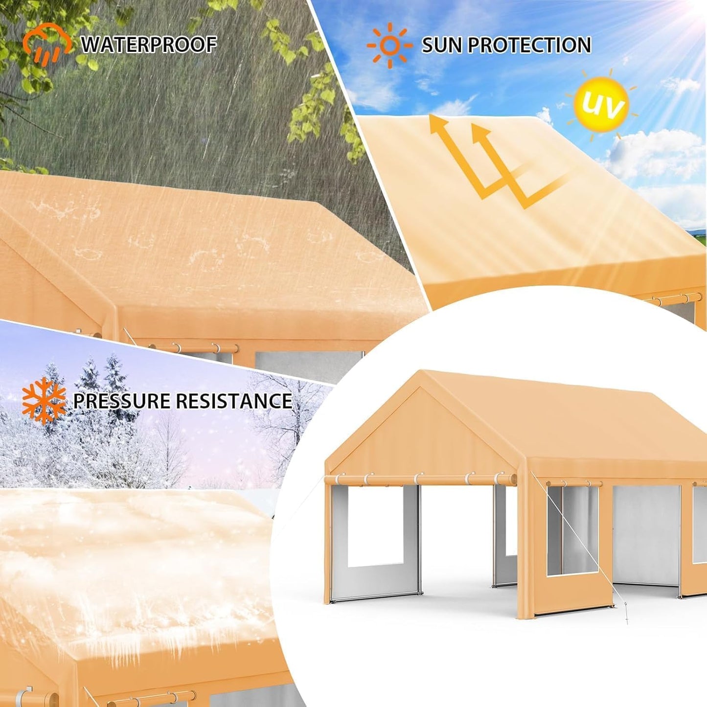 13x20 Ft. Metal Carport Garage with PE Fabric and Galvanized Steel Frame Outdoor Shelter for Cars, Trucks and Boats with 4 Doors and Mesh Windows for Ventilation - Yellow