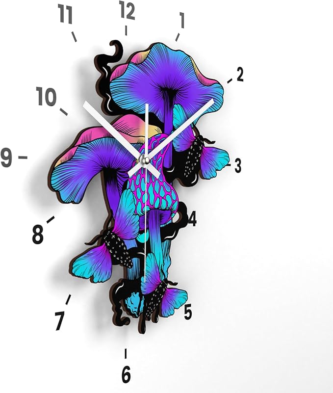 Wooden Wall Clock Trippy Mushrooms Non-Ticking Silent Battery Operated Home Decor DIY Numbers Cool Spooky Witchy House Warming Gift for Bedroom Girls Room Living Room Kitchen Halloween Fungi