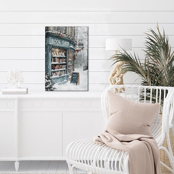 Vintage Christmas wall art Winter Book Shop Poster Print Book Lovers Gift Reading wall art Bookshop Wall Decor Winter Landscape Painting Room decor Aesthetic Framed20x30inch