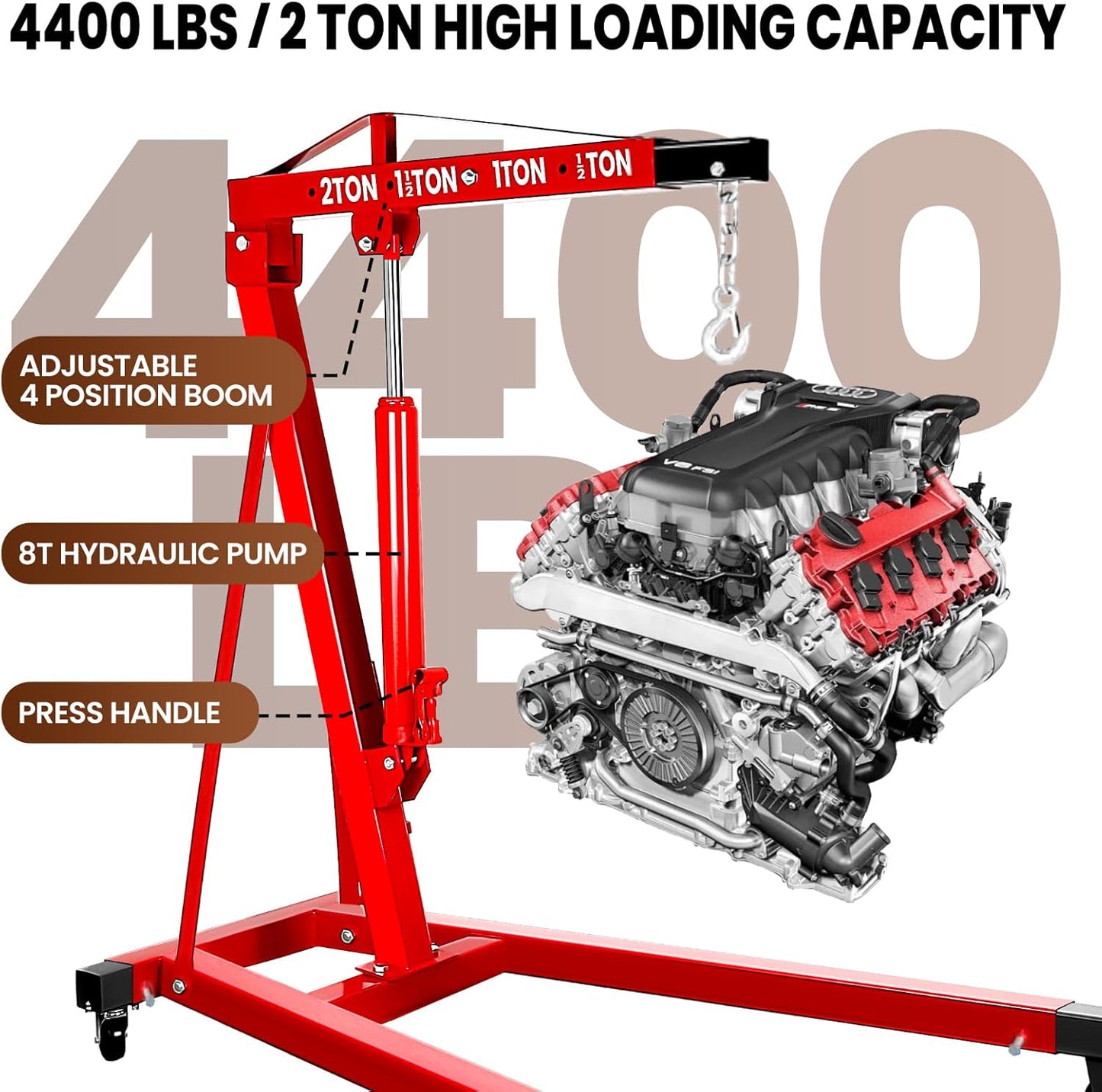 Engine Hoist 2 Ton/4409 lbs Heavy Duty Alloy Steel Cherry Picker Engine Hoist with Load Leveler, Engine Stand with 4 Steel Caster, Red (Engine Hoist no Folding with Leveler)