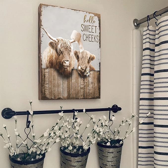 Bathroom Decor Canvas Wall Art Highland Cow Pictures Wall Decor Farmhouse Bathroom Cow Painting for Bathroom Toilet Country Cattle Prints Artwork Framed 16"x20"