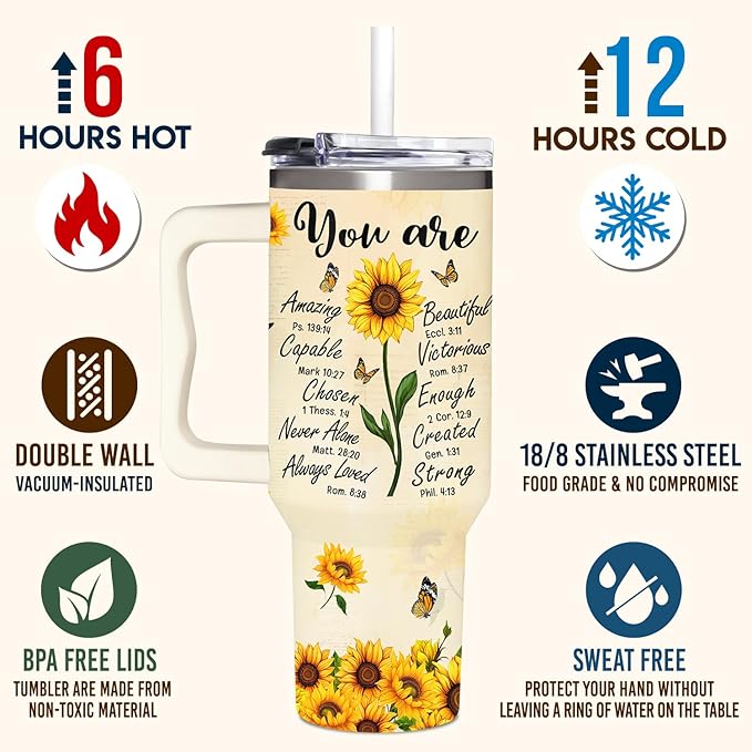 Sunflower Gifts for Women - Christian, Religious Gifts for Women - Encouragement Gift for Woman on Birthday, Mothers Day, Christmas - Sunflower Tumbler 40 oz with Handle & Straw