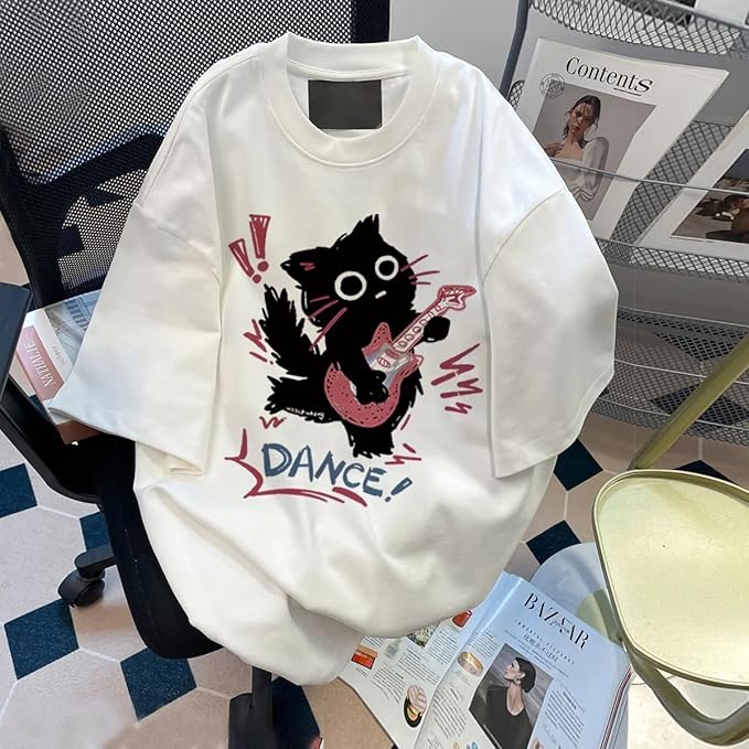 Women Vintage T-Shirt Y2K Cat Graphic Harajuku Tee Tops Summer Emo Grunge Oversized Streetwear Preppy Gothtic Clothes