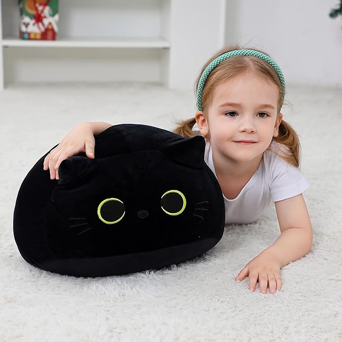 Black Cat Plush Toy 16'' Black Cat Pillow, Soft Plush Doll Black Cat Stuffed Animal, 3D Black Cat Plushies Pillow Baby Cute Plush Toys Shape Cat Design Sofa Fat Pillow Gifts for Boys Girls