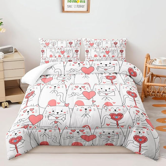 Suncloris Girls Lovely Kitten Comforter Set, Lovely Pink Heart Cats Bedding Bedspread for Kids and Adults, Kawaii Kitty Cats Pattern Quilt Bedroom Decor with 2 Pillow Cases (PinkCat, Twin)