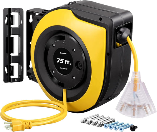 DEWENWILS Retractable Extension Cord Reel, 75 FT Heavy Duty Power Cord, 14/3C SJTOW Retractable Cord Reel, Lighted Triple Outlets, 10A Circuit Breaker, Wall/Ceiling Mount, UL Listed, Yellow