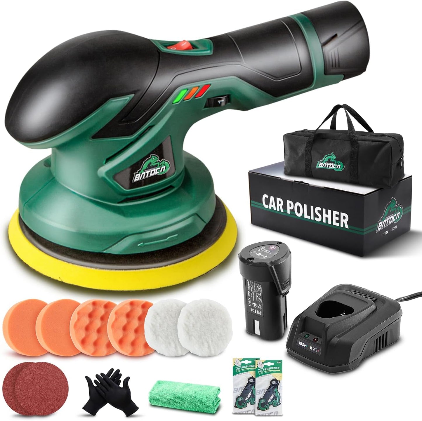 BATOCA - Cordless Car Buffer Polisher - 1pcs 2.0Ah 12V Lithium-ion Rechargeable Battery Powered Brushless Polisher with 6 Variable Speed, DA Orbital Buffer for Car Detailing, Polishing, Waxing