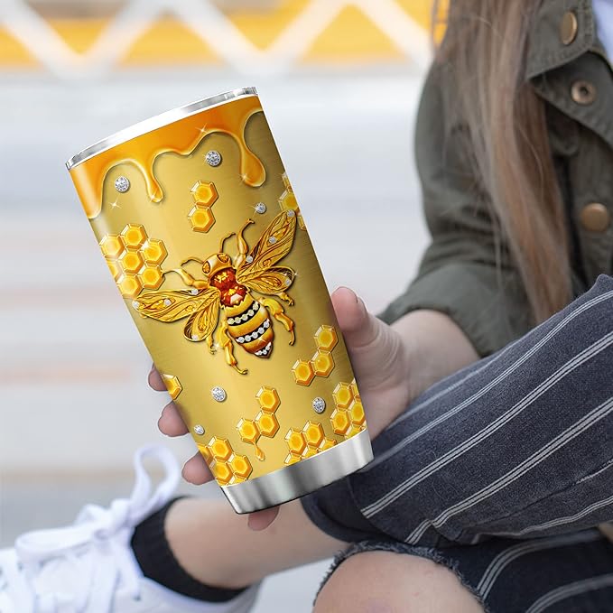 ZOXIX Bee Tumbler With Lid 20oz Jewelry Style Kind Words Are Like Honey Bee Lover Gifts Bible Verse Mug Proverbs 16 24 Christian Gifts For Women Faith Yellow Bee Themed Coffee Cup