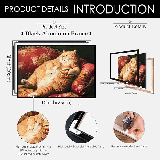 Victorian Renaissance Canvas Poster Funny Fat Cat With Hamburger Wall Art Lying In Sofa Cute Cat Painting Wall Decor 08x10 inch Black Framed for Animal Lover Gift