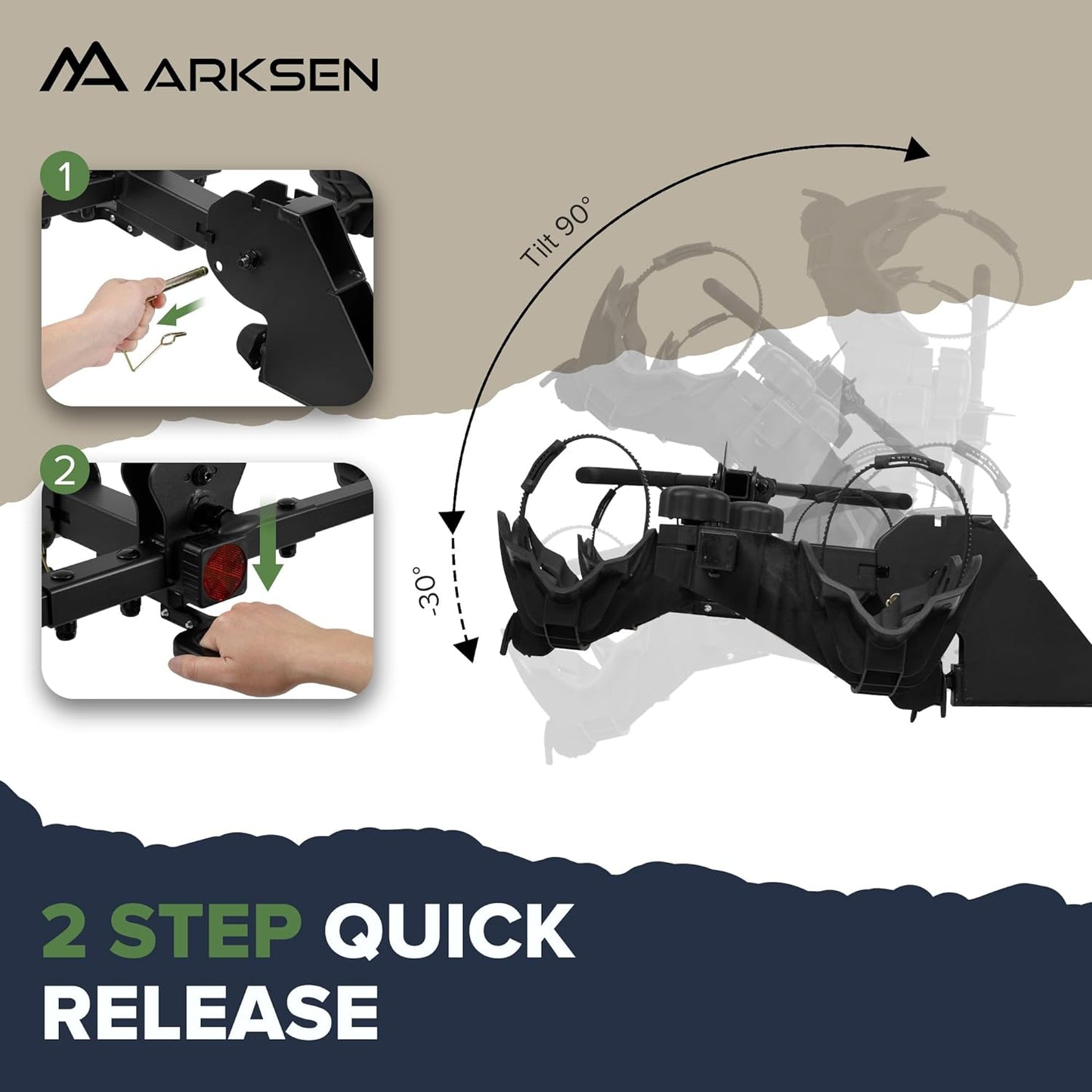 Arksen Electric Bike Rack Hitch, Foldable Quick Release Smart Tilting 2 Ebike Rack Platform Style Carrier w/Car Lock for Up to 5.5" Fat Tires for Car, SUV, Trucks - 170 lbs Heavy Weight Capacity