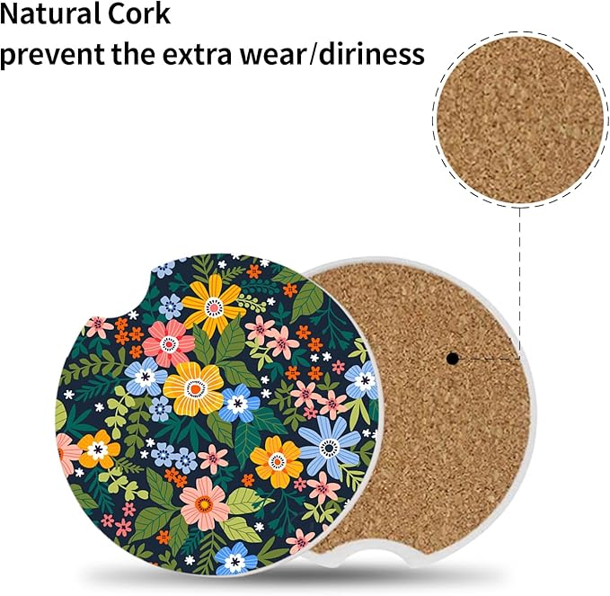 Yellow Flowers Car Coasters for Drinks Absorbent,2 Pack Cup Holders,2.56" Ceramic Stone & Non-Scratch Cork Base Coasters,Auto Accessories for Women & Men.