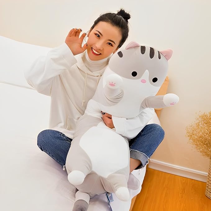 WUYU Lovely Plush Cat Doll Cute Cartoon Soft Stuffed Kitten Pillow Long Throw Sleeping Pillow Doll Toy Gift for Kids Girlfriend Multiple Size (Grey,150cm/59in)