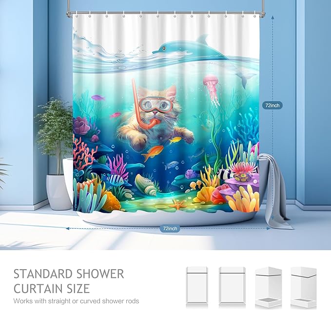 Vimorco Diving Cat Shower Curtain, Funny Cat Shower Curtains for Bathroom, Waterproof Quick-Dry Polyester Fabric Shower Curtain, Dolphin Jellyfish Ocean Bathroom Set, Bath Curtain Decor,72''x 72''
