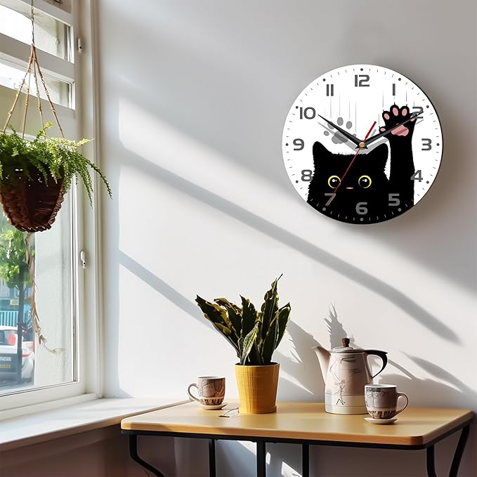 Wall Clock, 10 Inch Silent Non-Ticking Home Kitchen Decor, Battery Operated for Bathroom Bedroom Living Room Office(Cute Black Cats Paws)