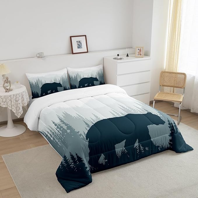 Woodland Comforter Set for Kids Boys Girls Teens,Bear Wild Animal Silhouette Bedding Set Twin Size,Natural Tree Down Comforter Home Room Decor,Misty Mountain Quilted Duvet Warm with 1 Pillow Sham