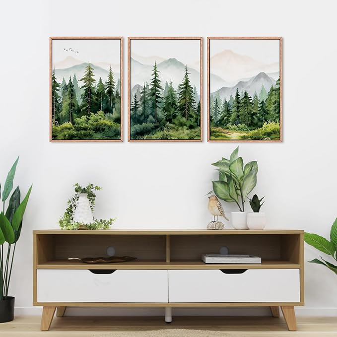 Ausril Watercolor Mountain Range Framed Canvas Wall Art Set, Green Forest Tree Wall Decor, Woodland Nursery Wall Painting, Modern Wilderness Art Print for Living Room, Bedroom, Office-16 x24 x3