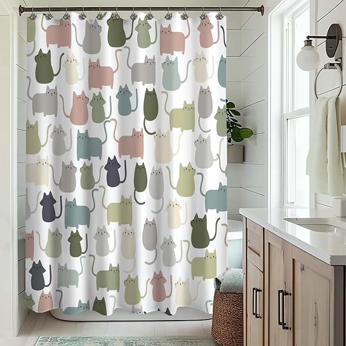Sunlit Design Lovely Sage Green Cartoon Cats Fabric Shower Curtain, Cute Cats Bathroom Decoration Curtains for Baby Kids Children, 72x72