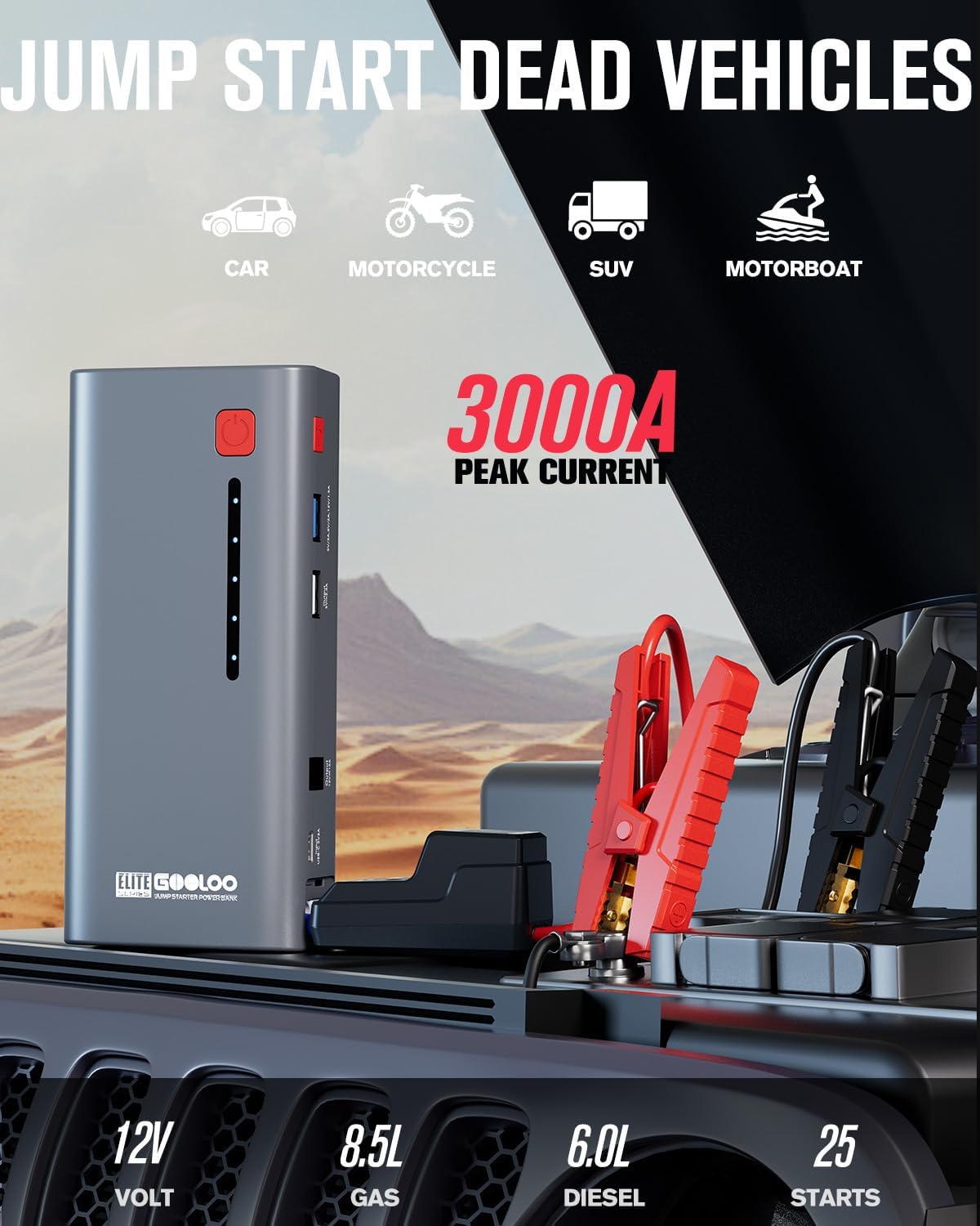GOOLOO Jump Starter Battery Pack 3000A Peak SuperSafe Car Starter (Up to 8.5L Gas or 6.0L Diesel Engine) with USB Quick Charge and LED Light,12V Lithium Jump Box Booster Portable Charger,Gray