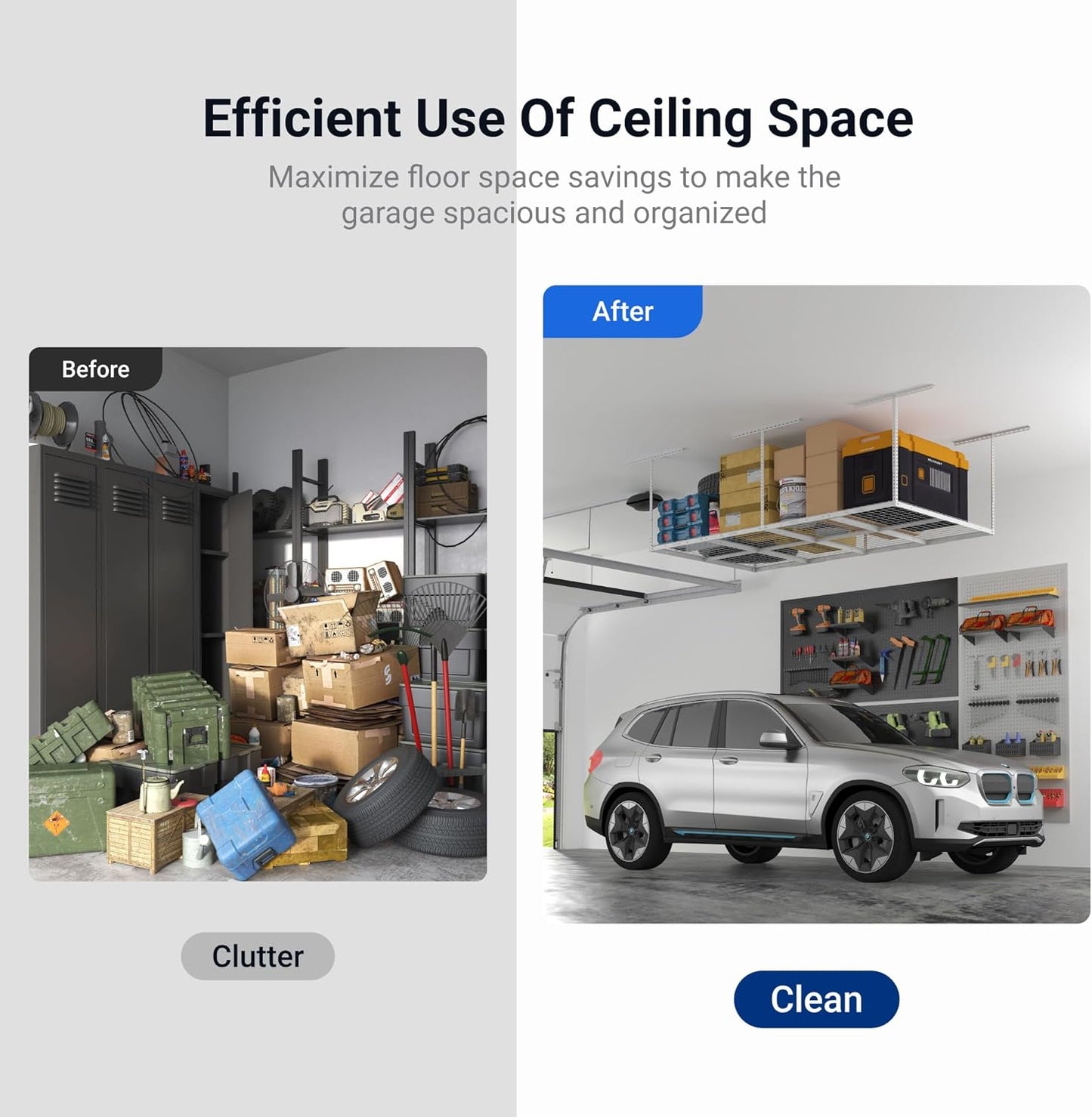 FLEXIMOUNTS 4x8 Overhead Garage Storage Rack, Adjustable Organization System, Heavy-Duty Metal Ceiling Racks, 600lbs Weight Capacity, White