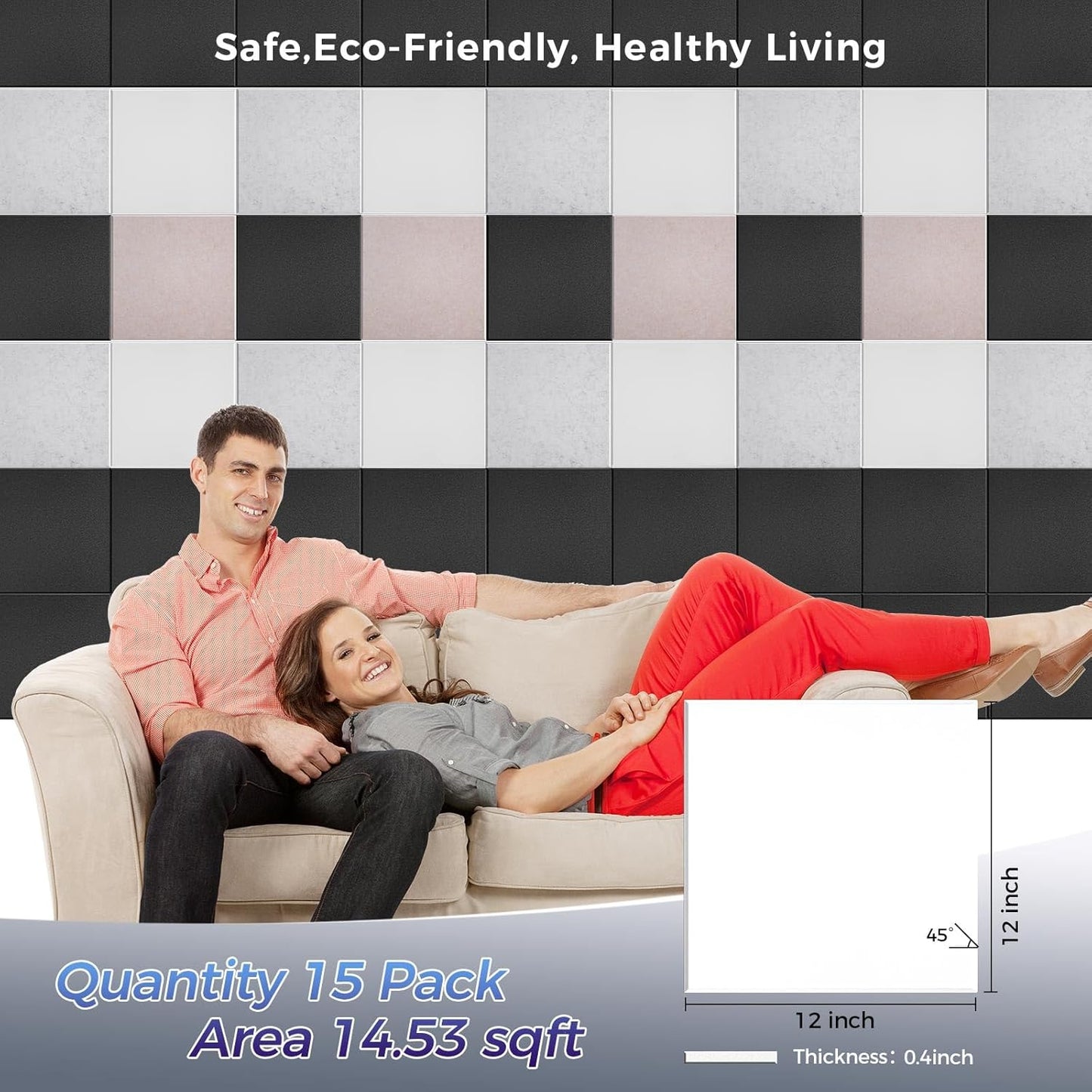 15 pcs 165dtex Microfiber Acoustic Panels ，Self-Adhesive Soundproof Wall Panels, 12 x 12 x 0.4 in Sound Proof Foam Panels for Walls, High Density, Noise Dampening Panels for Home Studio（White）