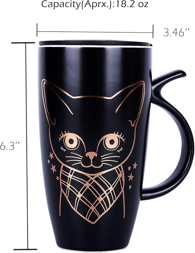 WHJY 20oz Large Black Cute Cat Ceramic Coffee Mug Cup with Splash-proof Lid, Cat Tail Shape Handle, Animal Cat Mug Tumbler (black)