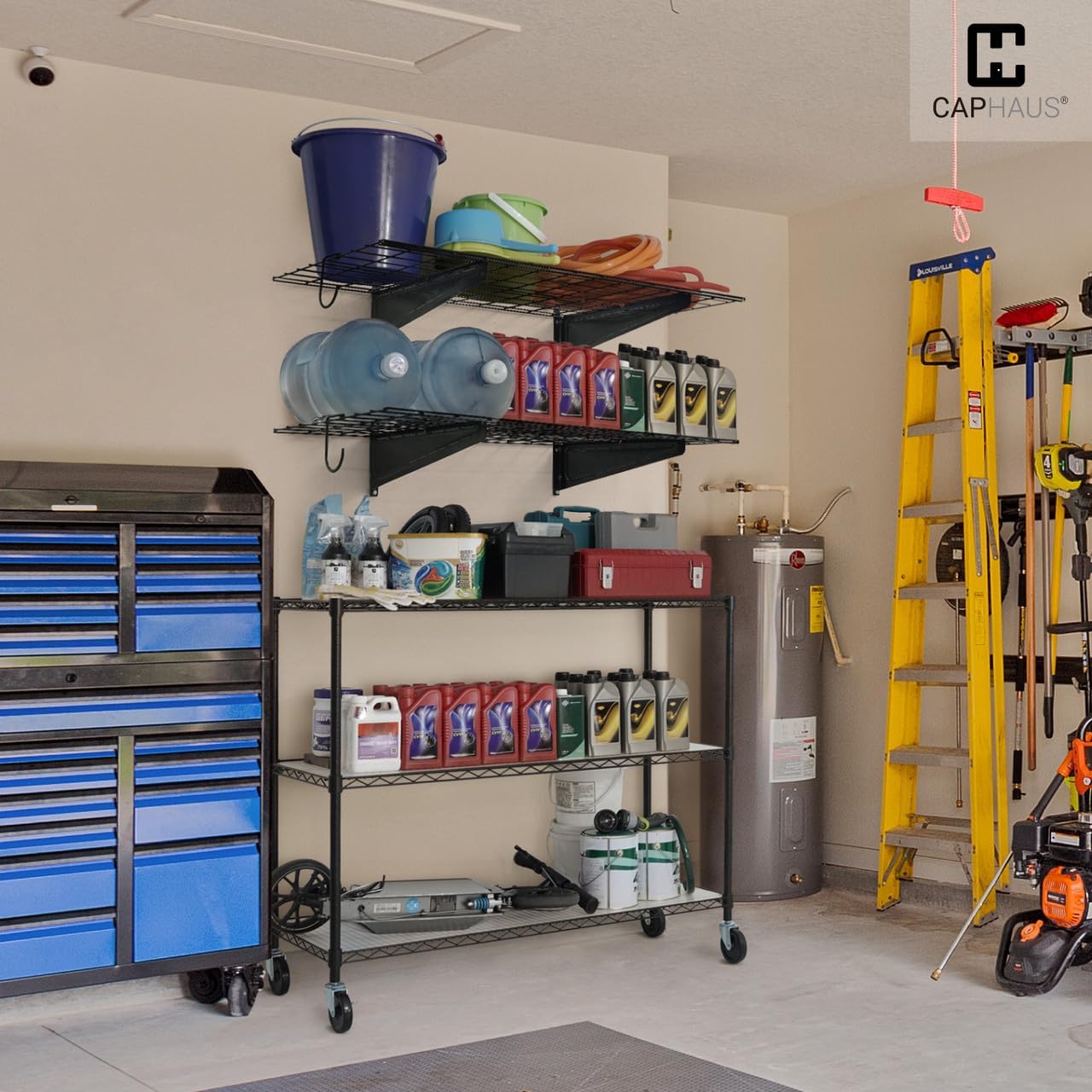 Fencer Wall Mounted Garage Shelving - 96" W x 18" D, 4 Hooks, White, Heavy Duty, 1000lb Capacity