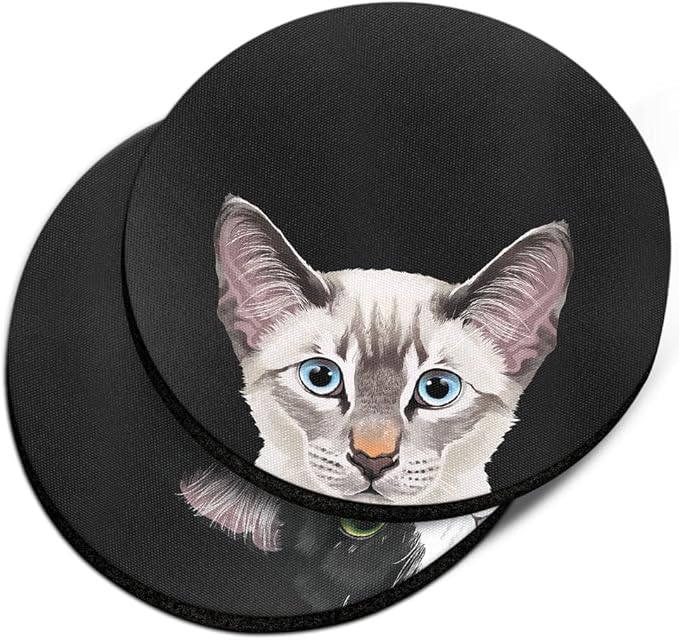 WIRESTER, Lynx Point Lilac Siamese Cat, Black White Tuxedo Cat Design Absorbent ROUND Fabric Felt Neoprene Car Coasters for Drinks (2.87 inches), 2pcs Set