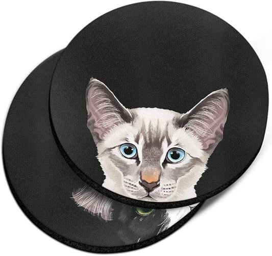 WIRESTER, Lynx Point Lilac Siamese Cat, Black White Tuxedo Cat Design Absorbent ROUND Fabric Felt Neoprene Car Coasters for Drinks (2.87 inches), 2pcs Set