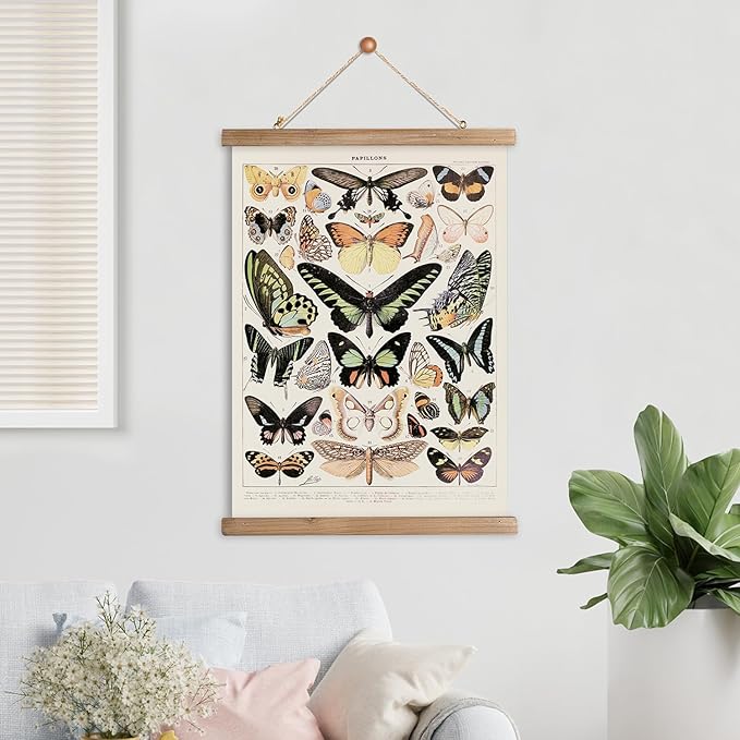 XIAOAIKA Vintage Butterfly Poster Hanger Frame, Cottagecore Room Decor Aesthetic, Retro Style Wall Decor Art Painting, Patterns are Printed on Linen Without Fading (16 x 23 inches)