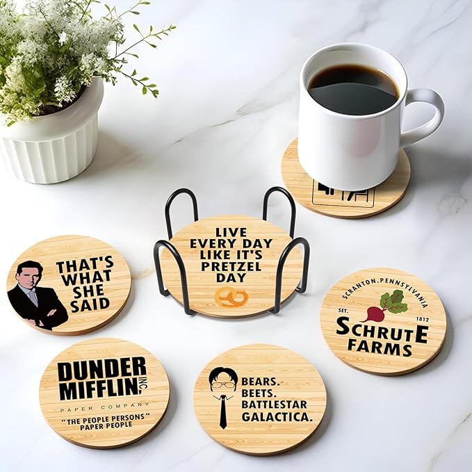 The Office TV Show Themed Merchandise for Fans, Funny Drink Coasters with Coaster Holder Set of 6, The Office Gifts for Fans, Bar Cork Coasters for Drinks Coffee Desk Table