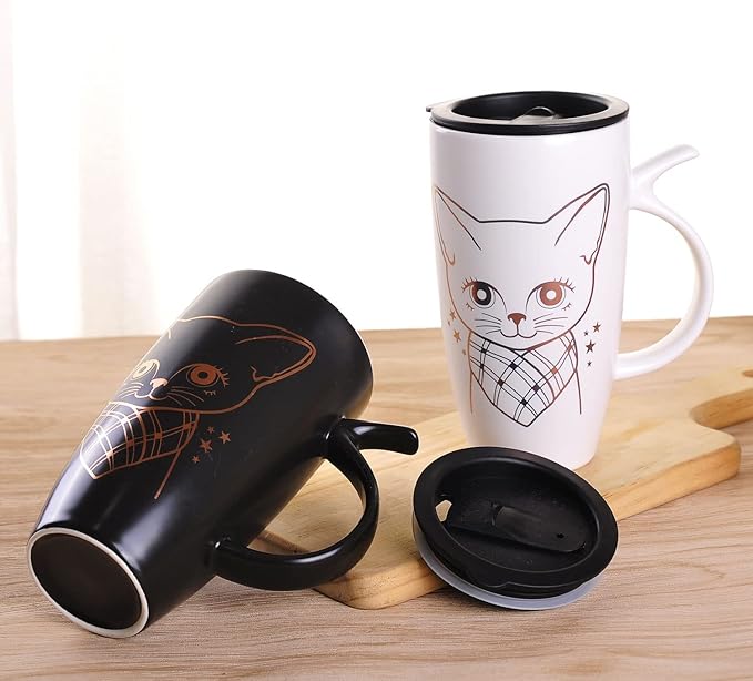 WHJY 20oz Large White Cute Cat Ceramic Coffee Mug With Splash-Proof Lid, Cat Tail Handle, Animal Tumbler
