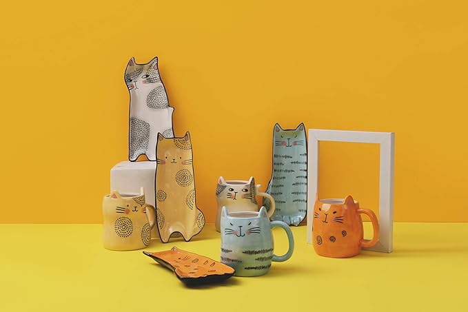 Bico Cartoon Cat Appetizer Plates Set of 4, Small Stoneware Ceramic Plates for Appetizer, Snacks, Sauce, Assorted Color, Microwave and Dishwasher Safe