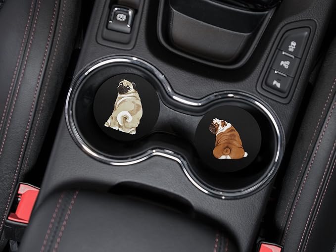 WIRESTER, Sitting Back Turn Pug Dog, English Bulldog Look Back Design Absorbent ROUND Fabric Felt Neoprene Car Coasters for Drinks (2.87 inches), 2pcs Set