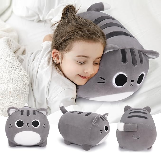 Auspicious beginning Grey Cat Stuffed Animal-15.8'' Cat Plush Toy, Cat Plushie Pillow, Kawaii Soft Plush Cat Pillow Stuffed Cat Toys, Room Decoration Chirsmas Birthday Gifts for Kids Girls Boys