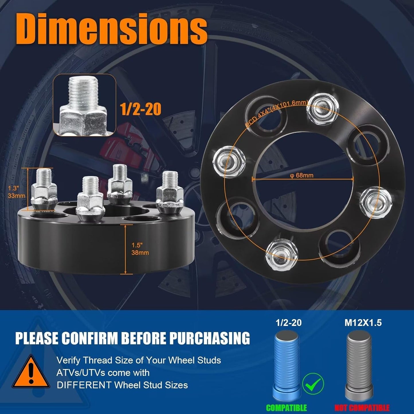 GAsupply 4x4(4X101.6mm) Wheel Spacers Fits for EZ GO EZGO Club Car Golf Carts & ATV, 4x100 to 4x100 Black ATV Wheel Spacer 1.5” / 38mm, 68mm Hub Bore, 1/2"-20 Thread Pitch, 4 Pack (1.5", Black)
