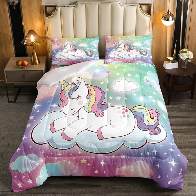 Unicorn Horse Bedding King for Girls,Kids Rainbow Unicorn Comforter Set Cartoon Cute Galaxy Unicorn Comforter for Kids Toddler Bed,Pastel Tie Dye Comforter Set Glitter Stars Quilt Duvet 3 Pcs