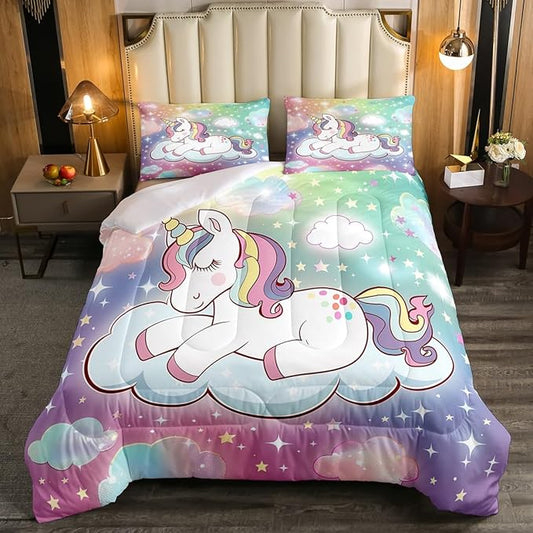 Unicorn Horse Bedding King for Girls,Kids Rainbow Unicorn Comforter Set Cartoon Cute Galaxy Unicorn Comforter for Kids Toddler Bed,Pastel Tie Dye Comforter Set Glitter Stars Quilt Duvet 3 Pcs