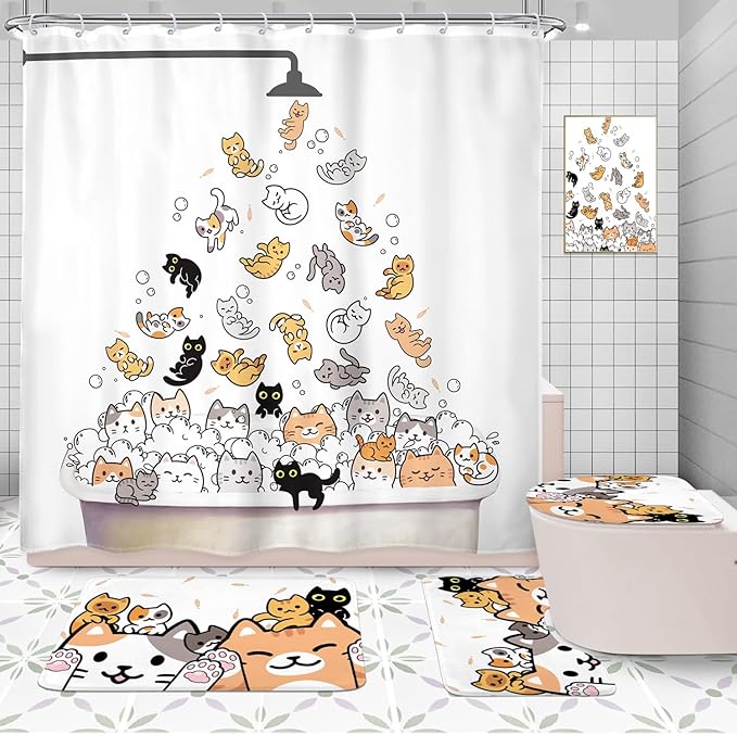 SVBright 4PCs Kids Bathroom Sets Cat Shower Curtain Set 72Wx72H Cartoon Cute Animal Funny Child Bathroom Rug Quick Dry Bath Rug Mat Toilet Mat U-Shape Cover Nonslip Washroom Decor Shower Accessories
