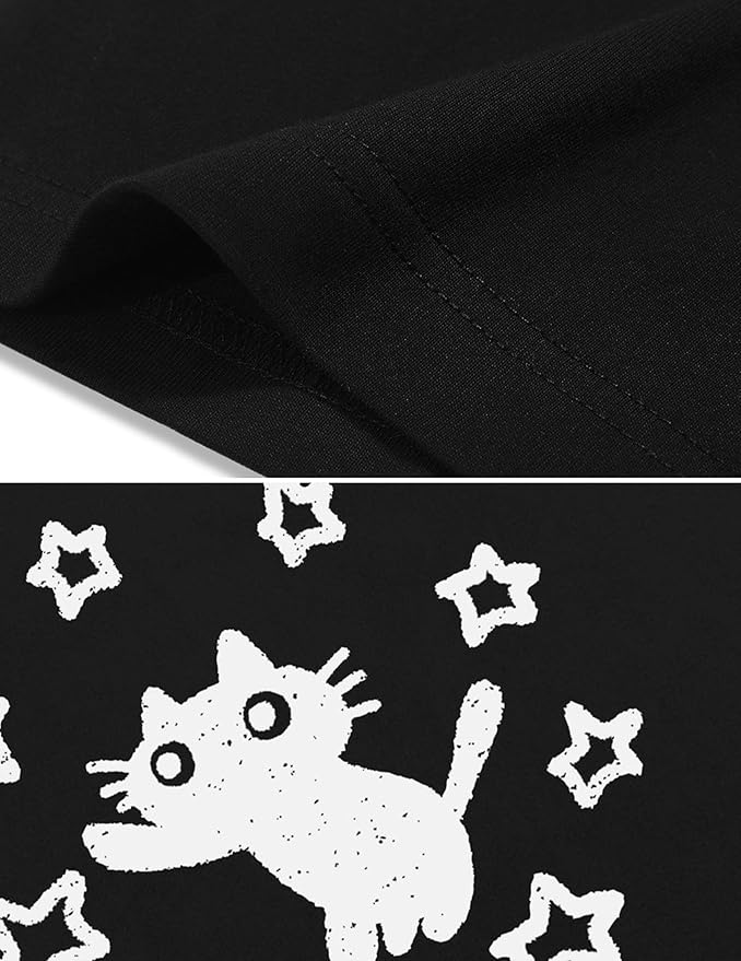 Vamtac Graphic Tees Unisex Loose Star Cat Print Tee Casual Summer Y2k Shirt Cute Short Sleeve Cotton Top