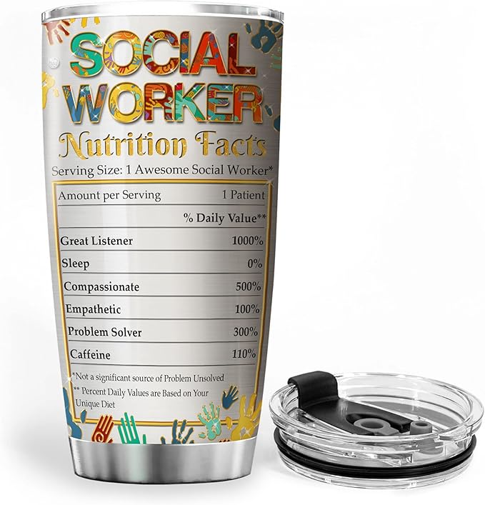 ZOXIX Social Worker Travel Mug Tumbler 20oz Graduation Appreciation Gifts For BSW DSW Colorful Messy Bun Hair Jewelry Style MSW LCSW Gift For Women Caregiver Insulated Cup With Lid