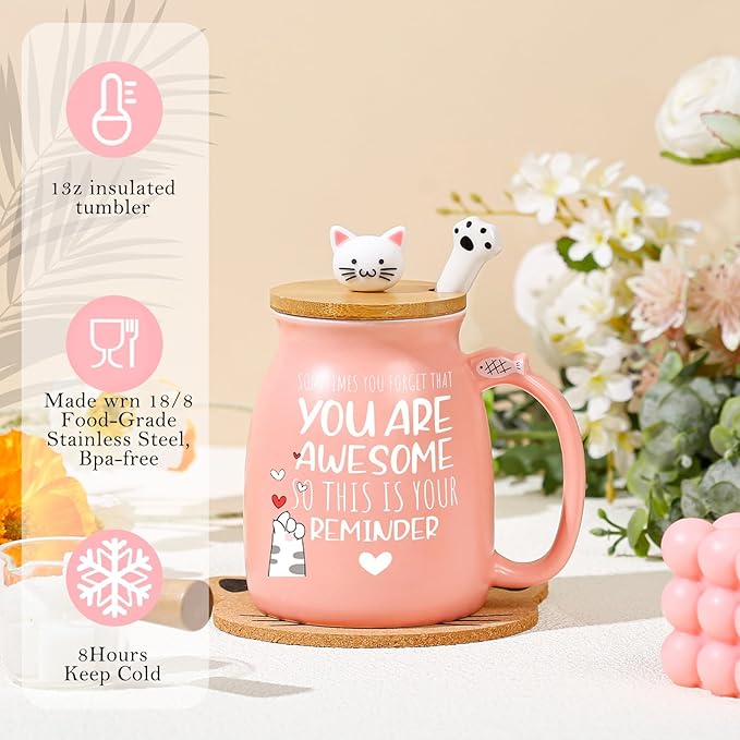 Thank You Gifts for Women Cute Cat Coffee Mug Birthday Friendship Gifts for Women Cat Lovers Kawaii Stuff Funny Tea Cup White Elephant Gifts For Adult Female Sister Mom Wife Coworker Bestie Bff