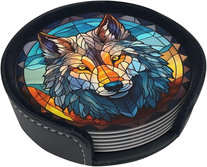 Wolf Drink Coaster Set of 6, Wolf Decor Gifts, Leather Drink Coasters with Holder, 6 Pack Cup/Bar/Drink Coasters for Table/Drinks/Coffee Protection Housewarming Gift (Wolf)