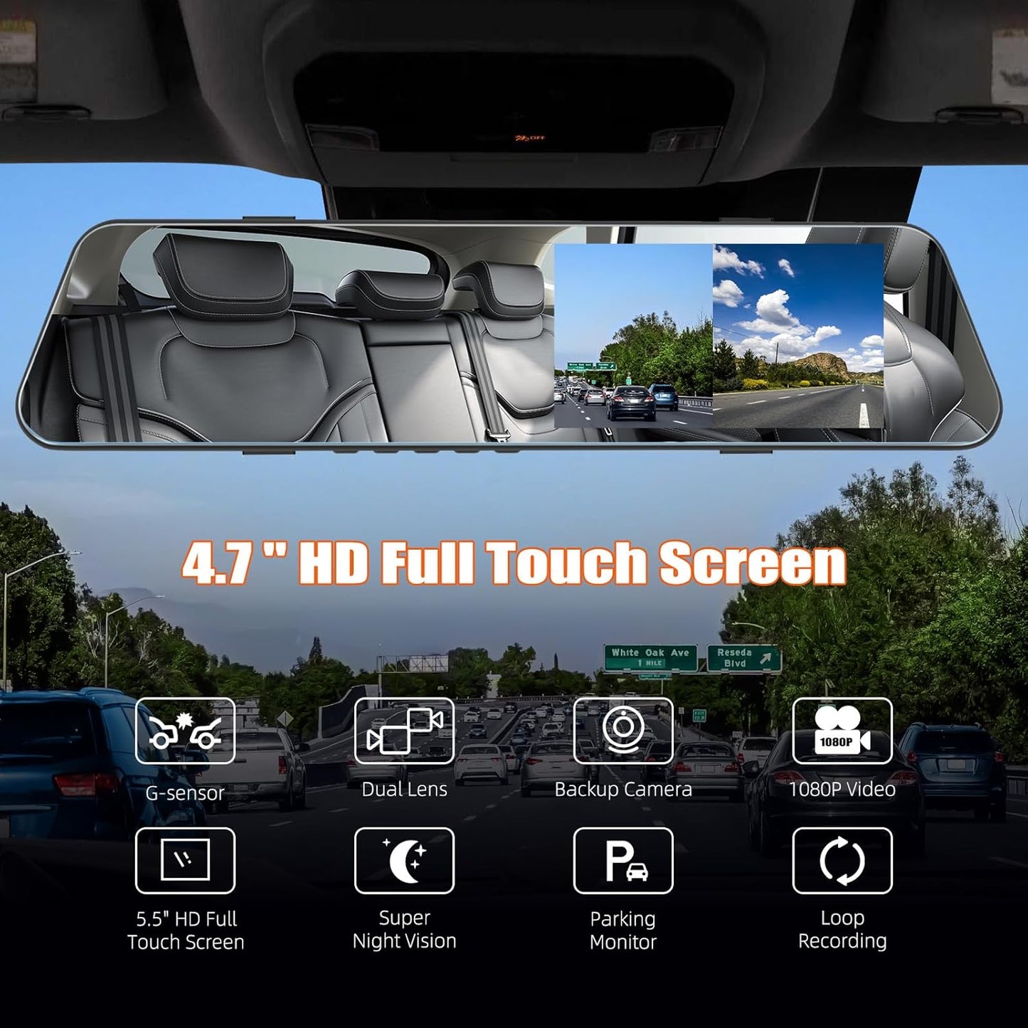 Mirror Dash Cam 4.7 Inch Rear View Mirror 720P Front and Rear View Dual Cameras with Super Night Vision,Parking Assistance,Loop Recording,24H Parking Monitor, Waterproof Backup Camera