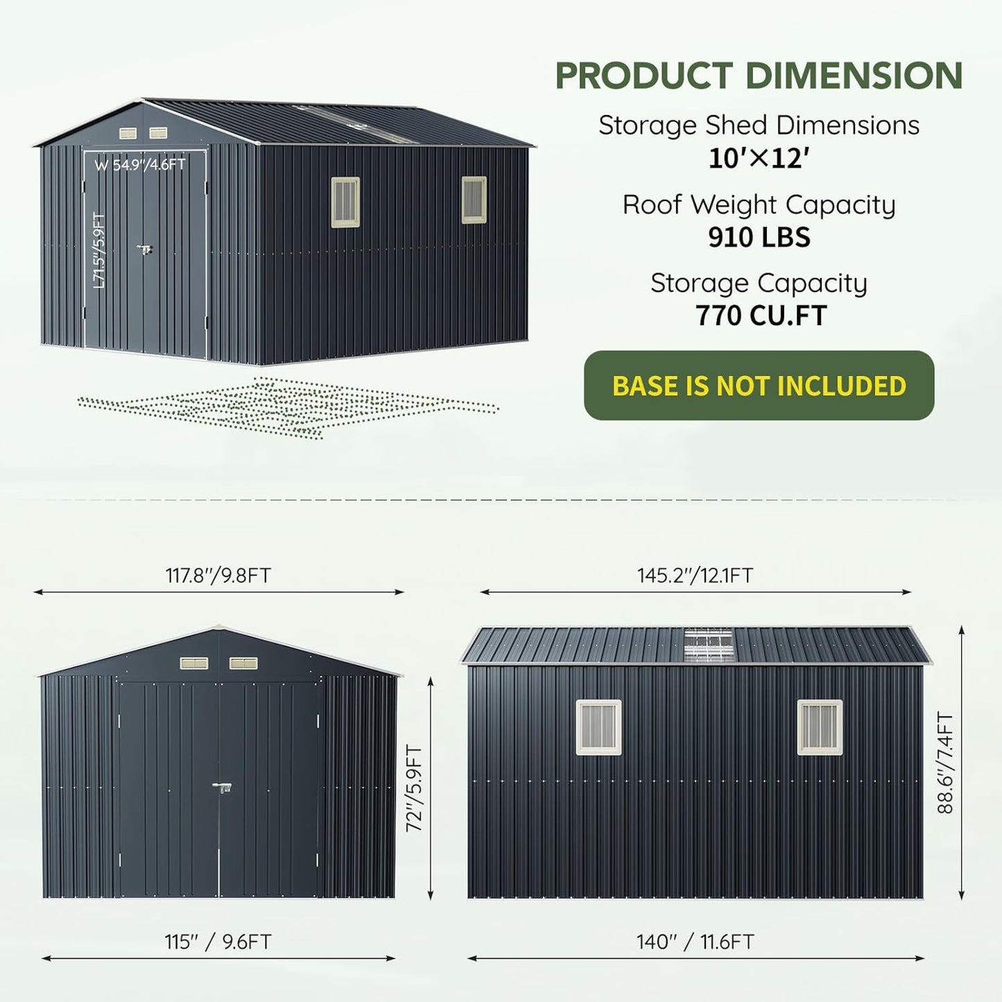 10x12 FT Outdoor Metal Storage Shed, Double Swing Doors, 2 Clear Windows, Replaceable Skylight Roof Panel, Tool Shed for Garden, Patio, Backyard