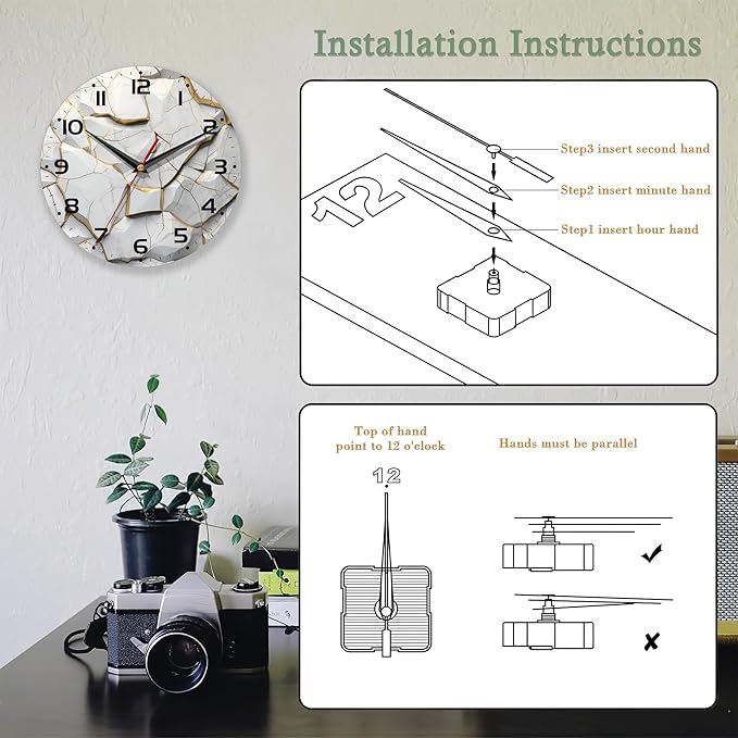 White Wall Clock,Marble Wooden Wall Clocks Art Hanging Silent Non-Ticking Wall Clock Battery Operated Round Home Arabic Numeral Decorative Wall Clocks 10 Inch