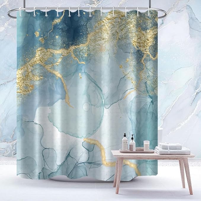 AWERT Teal Marble Shower Curtain for Bathroom Waterproof Quick-Drying Modern Abstract Shower Curtain Set with Hooks 72x84 Inch